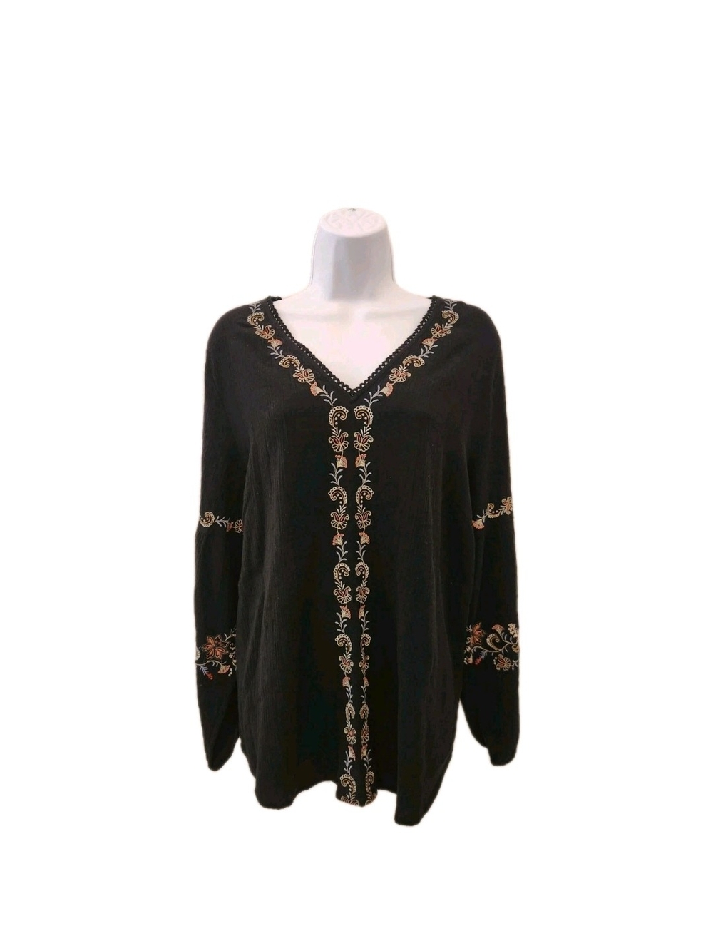 J. Jill Black V-Neck Peasant Blouse with Multicolor Floral Embroidery Women's L